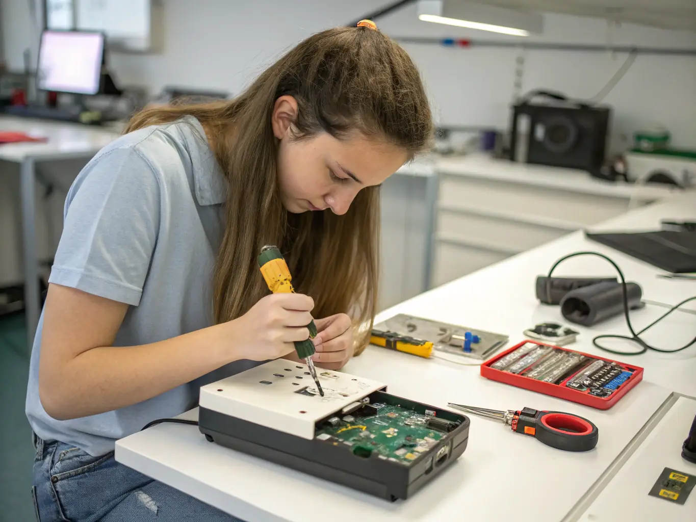 Imagen de una consola de videojuegos siendo reparada, con enfoque en los componentes internos y la precisión del trabajo.