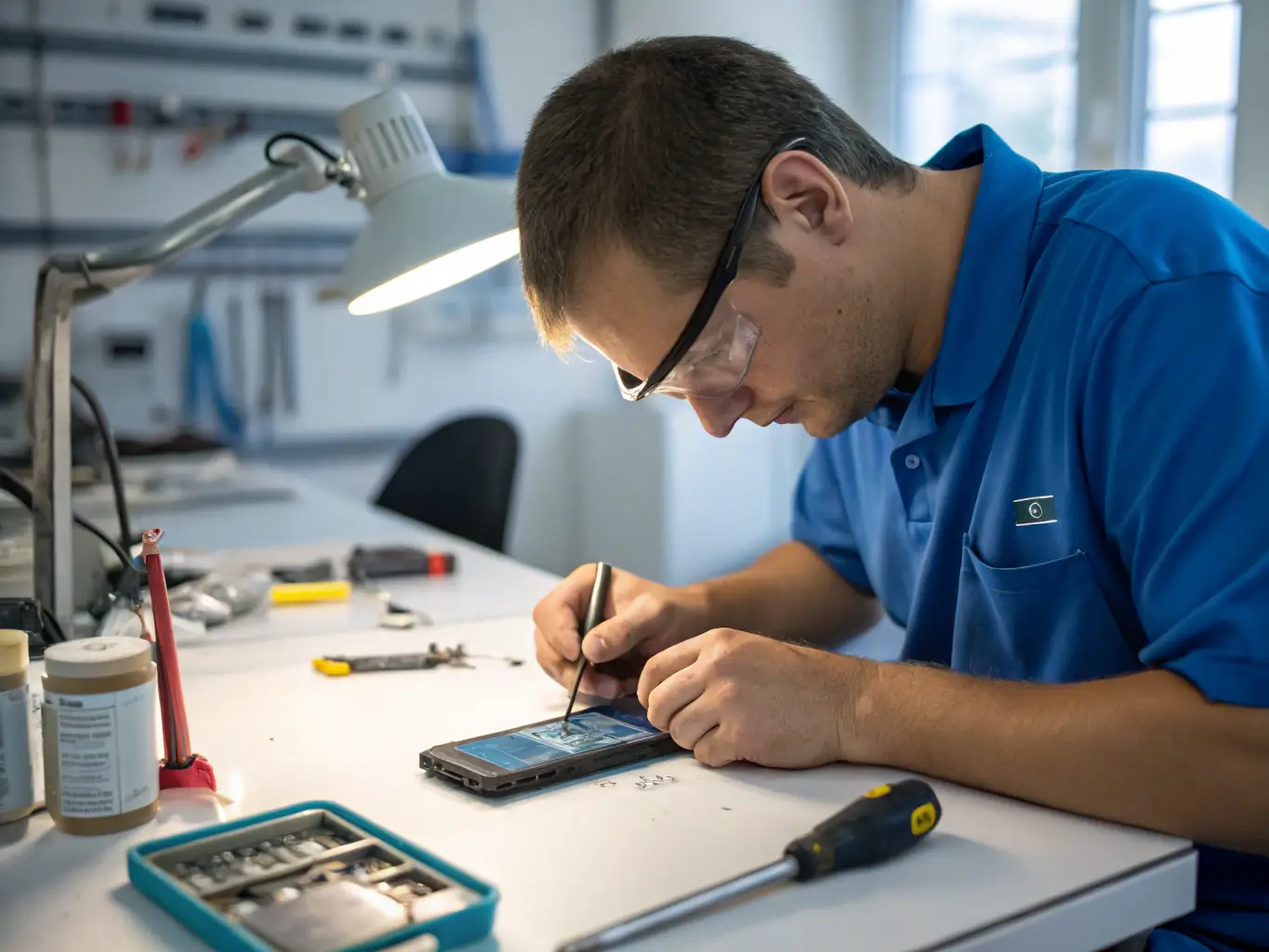 Imagen de un técnico reparando un smartphone en el taller de Doctronic, mostrando profesionalismo y atención al detalle.