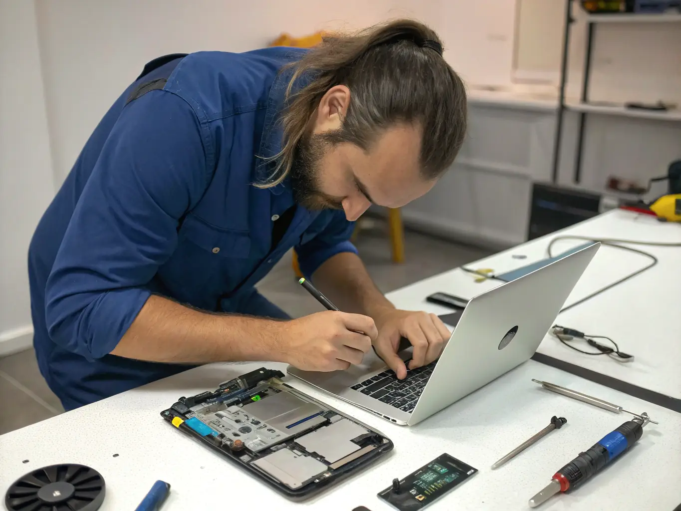 Técnico revisando una laptop en el taller de Doctronic, con herramientas especializadas y un ambiente de trabajo ordenado.