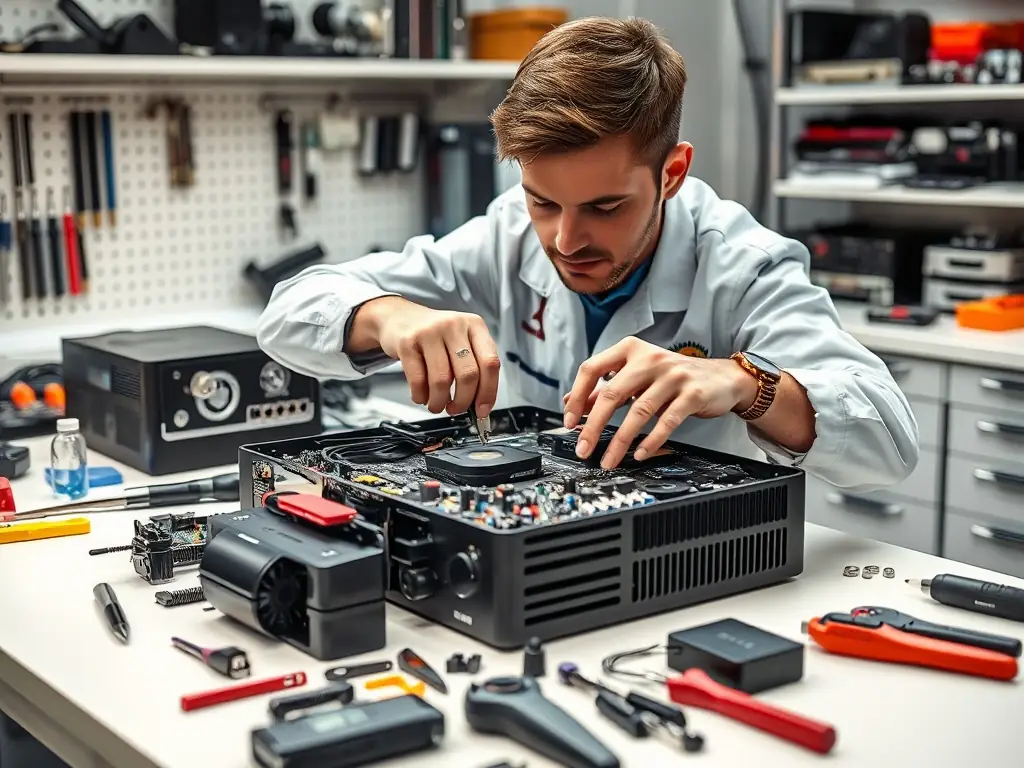 A technician carefully disassembling a video game console to clean and repair its internal components, ensuring optimal performance and longevity.