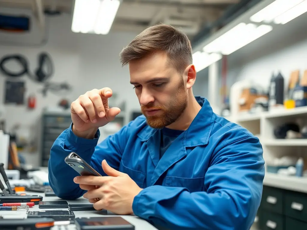 A technician carefully replacing a cracked smartphone screen in a clean, well-lit repair shop, showcasing the precision and care taken during the repair process.