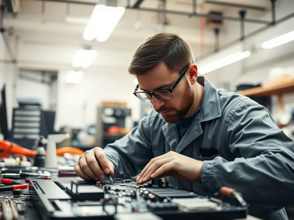 A technician working on the motherboard of a laptop, using specialized tools and equipment to diagnose and repair the device.